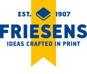 Logo for Friesens (a yellow banner with the words "Est. 1907, Friesens, Ideas Crafted in Print"