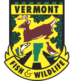 Logo of Vermont FIsh & Wildlife, a green and yellow crest featuring a leaping buck