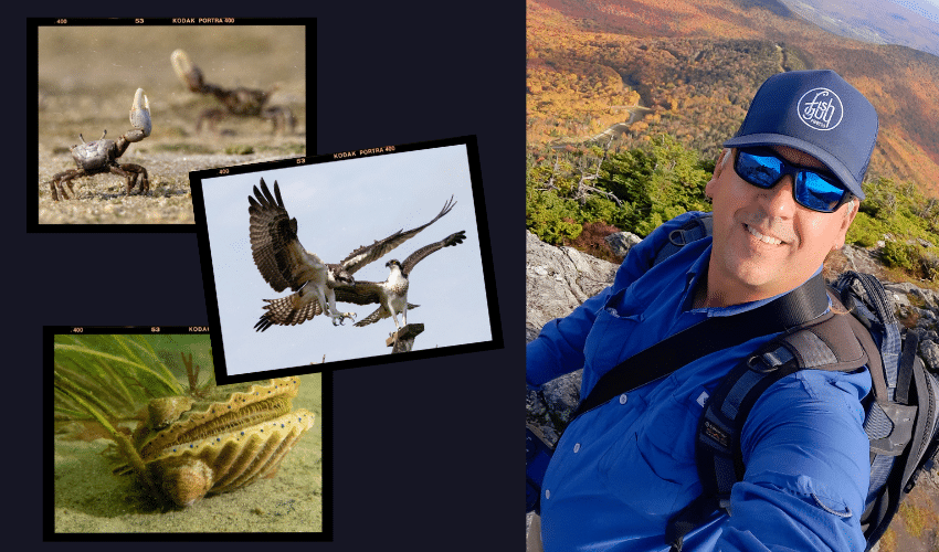 Chris Paparo outdoors with three of his images.