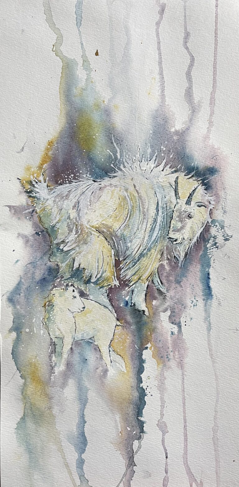 Highly stylized watercolor image of two goats