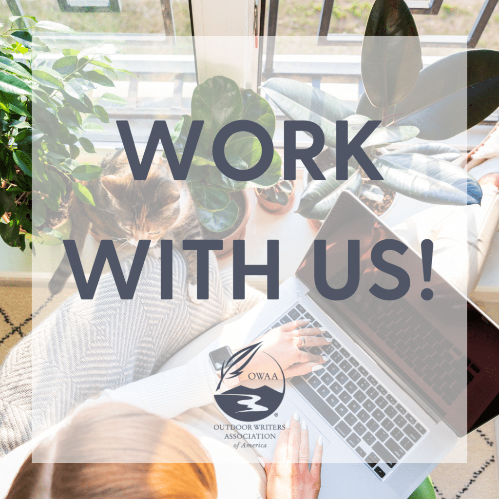 Photo of person working on computer with the text "work for us" over on the image.