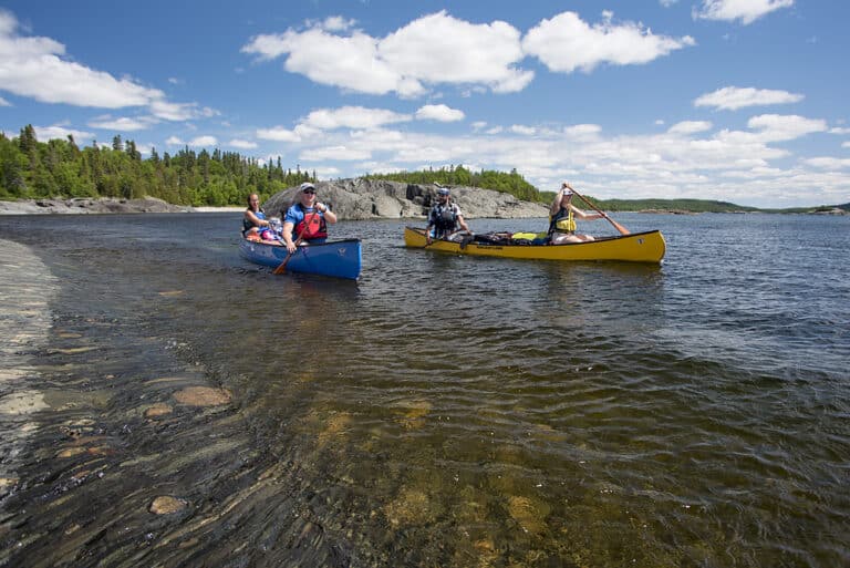 Two canoes with two paddlers each paddle near shore on a beautiful blue day