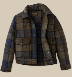 A photo of the plaid wool coat from Filson, specifically showing the Filson Mackinaw Wool Work Jacket