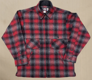 A photo of a flat lay of the Johnson Woolen Mills - Double Cape Jac-Shirt (Red/Gray Muted Plaid)